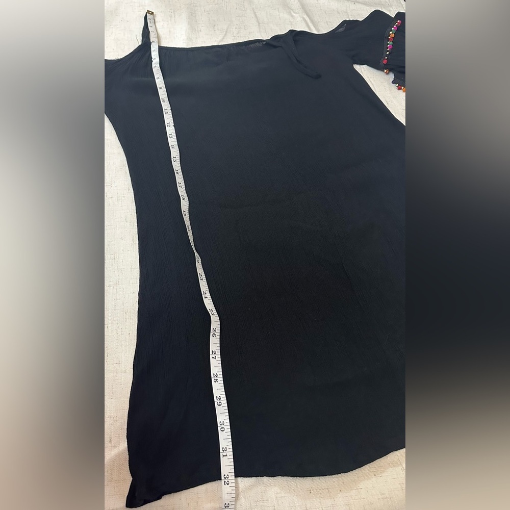 Black Cold Shoulder Dress with Pom-Pom Accents - Picture 6 of 11
